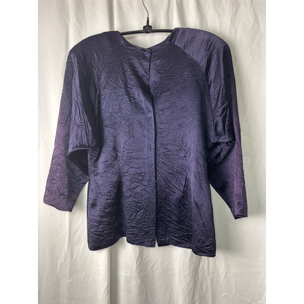 Vintage Chaus Petites Purple Crinkle Blouse Shoulder Pads Button Back Size 12P